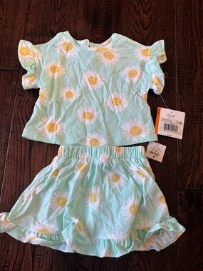 Little Me Mint Green Daisy Two-Piece Shirt and Skirt Set